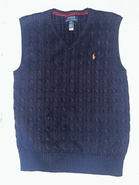 Polo by Ralph Lauren Navy Cable-Knit V-Neck Sweater Vest with Orange Pony